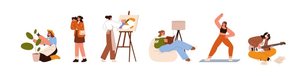 Illustrations showing different creative hobbies such as painting, music and movement, reflecting relaxed creative rituals often supported by an onlyfans agency.